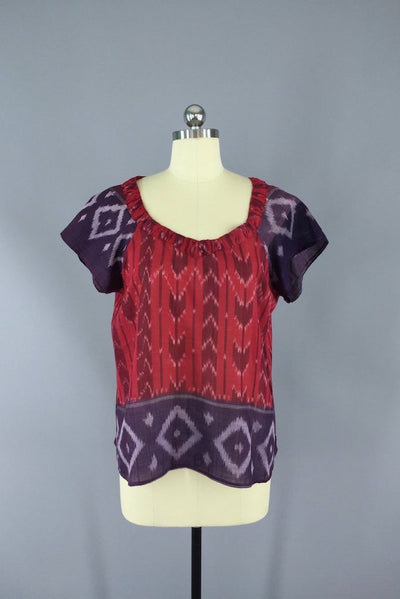 Red and Purple Ikat Indian Cotton Blouse made from a Vintage Indian Sari-ThisBlueBird