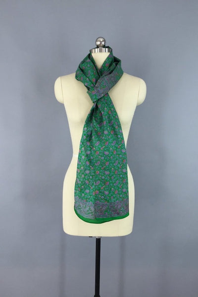 Green Floral Silk Sari Scarf-ThisBlueBird