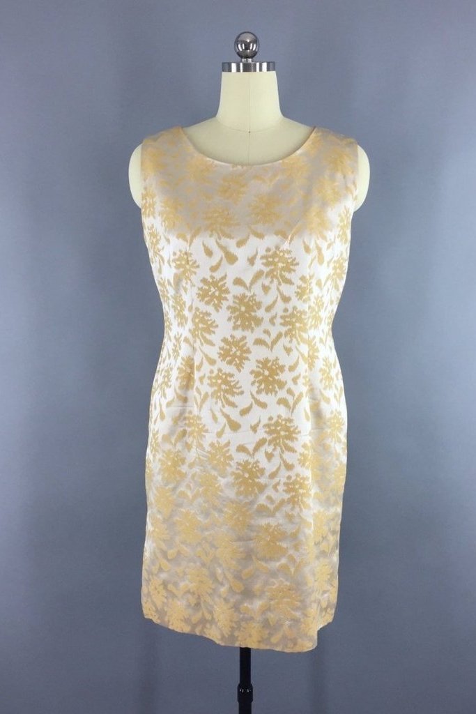 Vintage 1960s Gold Satin Damask Shift Dress Vintage 1960s Gold Satin Damask Shift Dress