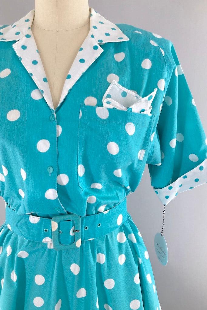 Vintage 80s Aqua Polka Dot Retro Day Dress-ThisBlueBird