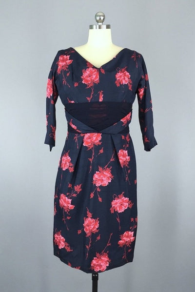 Vintage Red Rose Floral Print Dress-ThisBlueBird