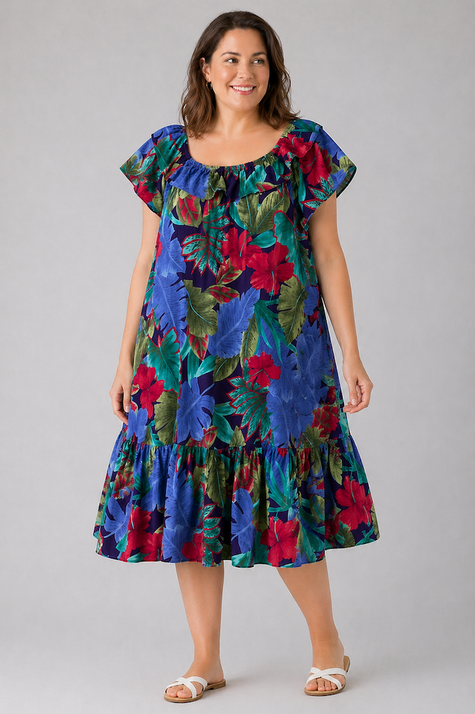 blue embroidered dress asos Vintage Hilo Hattie Blue & Red Hawaiian Dress