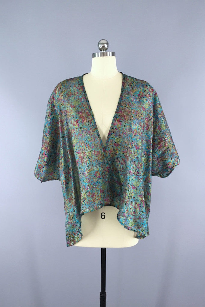Kimono Cardigan / Vintage Sari / Aqua Floral-ThisBlueBird