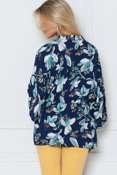Navy Blue Floral Print Kimono Cardigan-ThisBlueBird