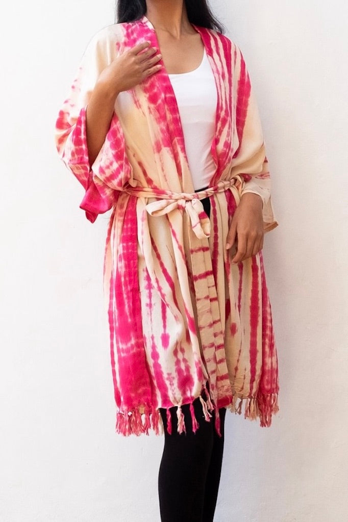 Bali Shibori - Pink Kimono Duster-ThisBlueBird