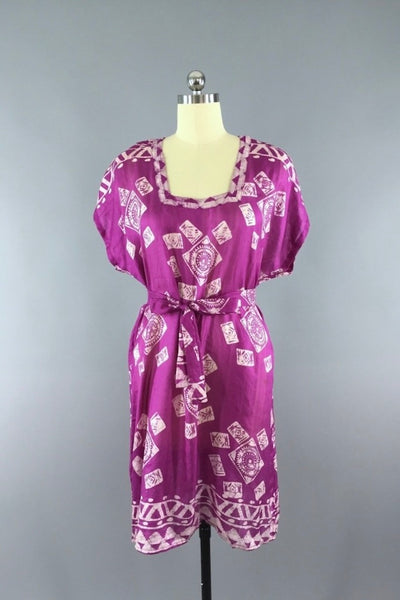 Silk Sari Kaftan Dress / Magenta Batik-ThisBlueBird