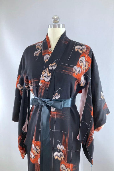Vintage 1930s Black Deco Leaves Silk Kimono-ThisBlueBird