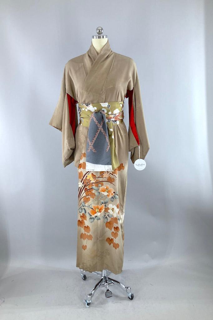 Vintage 1930s Taupe & Orange Floral Kimono-ThisBlueBird