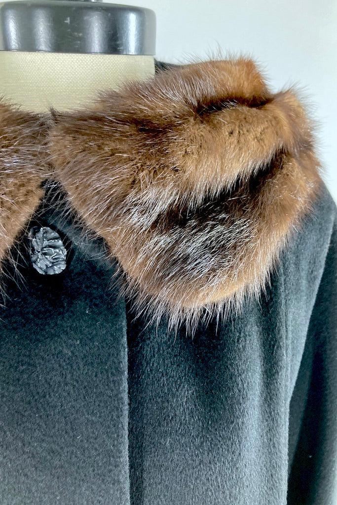 Vintage 1950s Black Wool Coat with Mink Collar-ThisBlueBird