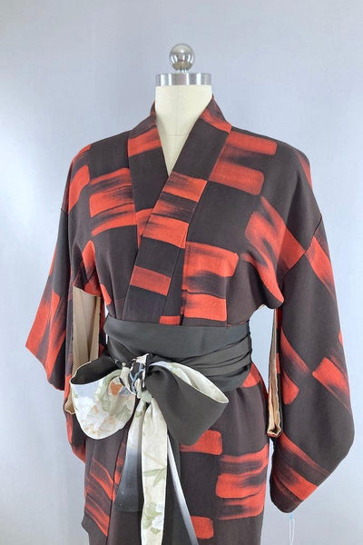Vintage Black & Terra Cotta Silk Kimono-ThisBlueBird