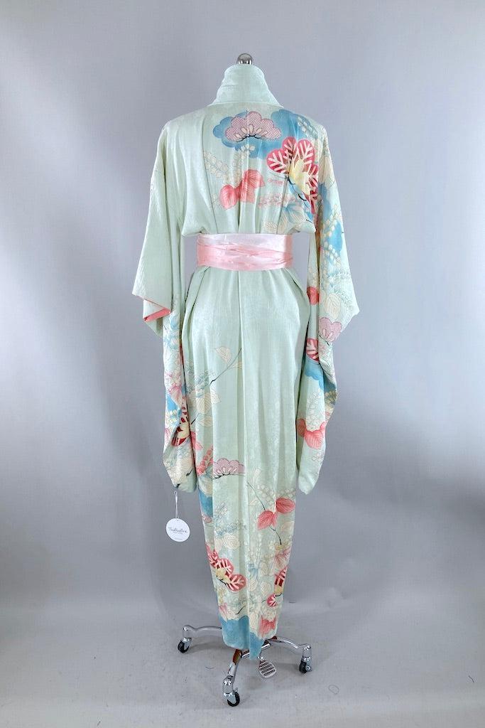 Vintage Blue & Pink Floral Silk Kimono-ThisBlueBird