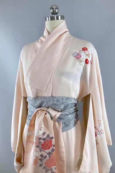 Vintage Blush Pink Floral Silk Kimono-ThisBlueBird