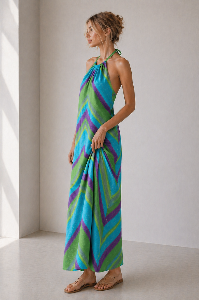 Vintage Chevron Stripes Halter Maxi Dress