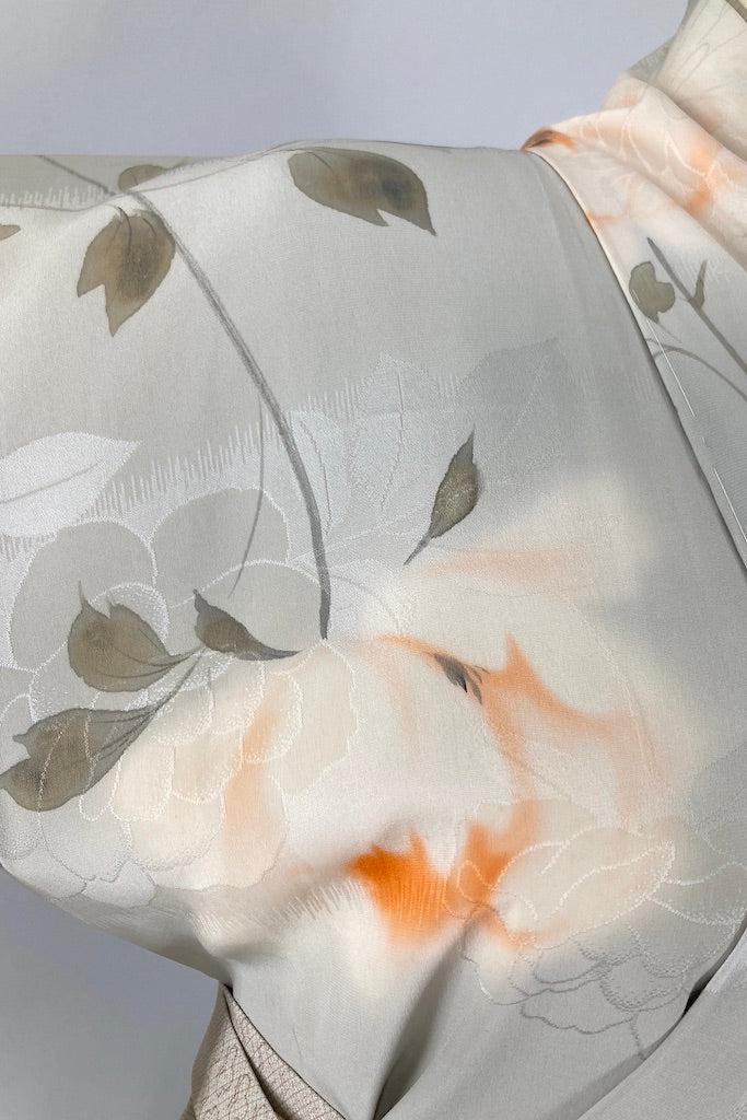 Vintage Dove Grey Floral Butterflies Silk Kimono-ThisBlueBird