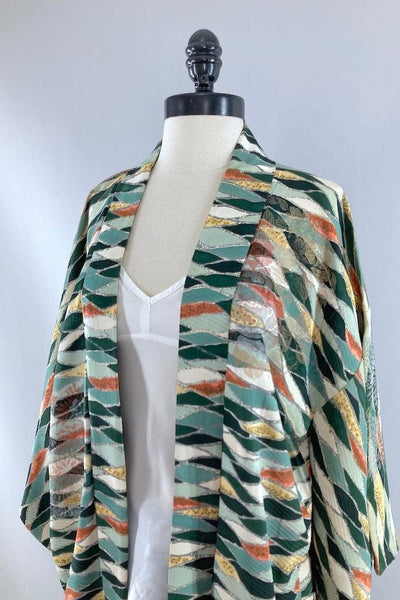 Vintage Green Abstract Silk Kimono Cardigan-ThisBlueBird