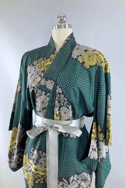 Vintage Green and Yellow Floral Ikat Silk Kimono-ThisBlueBird