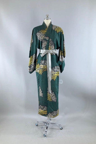Vintage Green and Yellow Floral Ikat Silk Kimono-ThisBlueBird