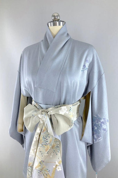 Vintage Grey Blue Books Shibori Silk Kimono-ThisBlueBird