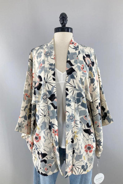 Vintage Ivory Floral Silk Kimono Jacket-ThisBlueBird