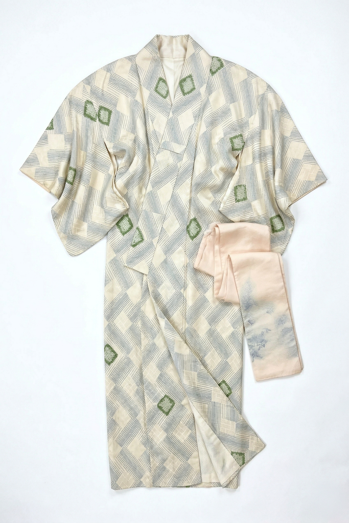 Vintage Ivory & Green Shibori Silk Kimono Robe