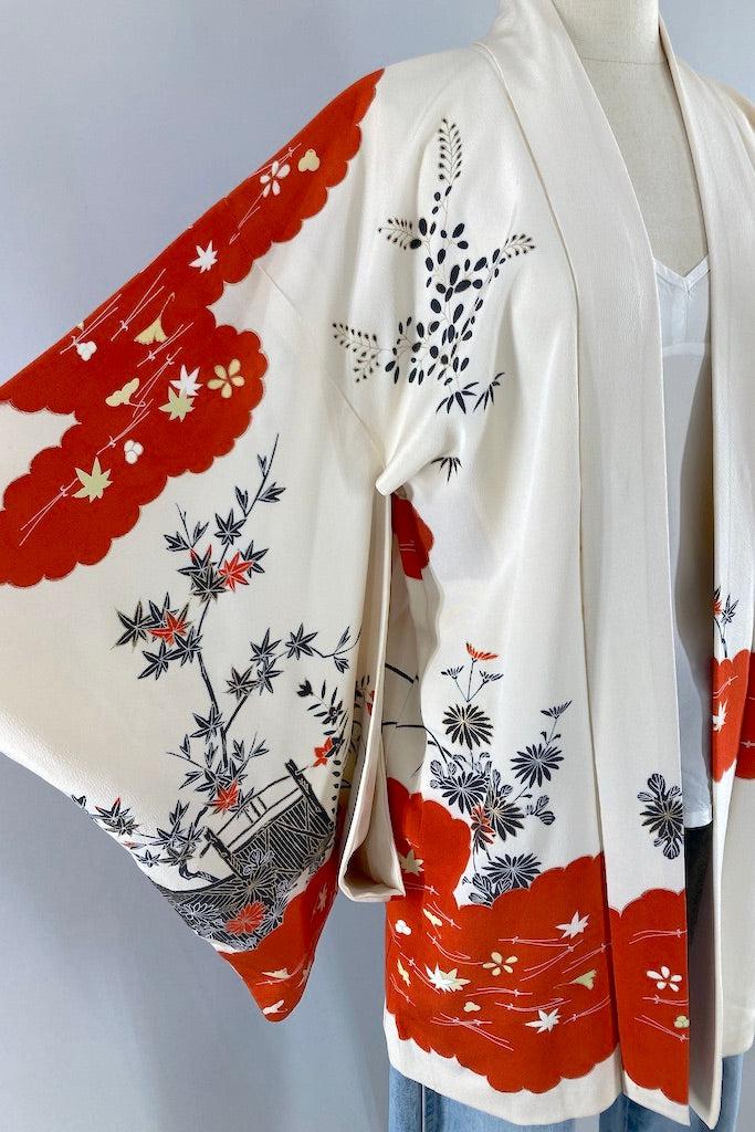 Vintage Ivory & Red Silk Kimono Cardigan-ThisBlueBird