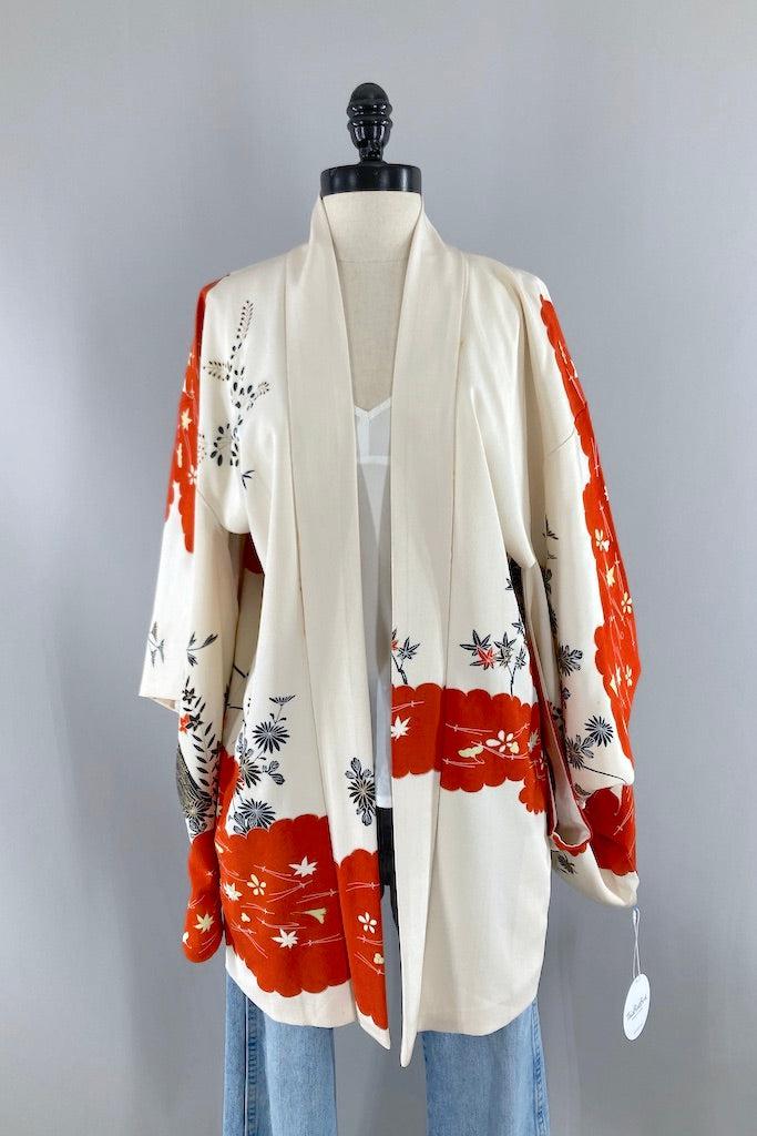 Vintage Ivory & Red Silk Kimono Cardigan-ThisBlueBird