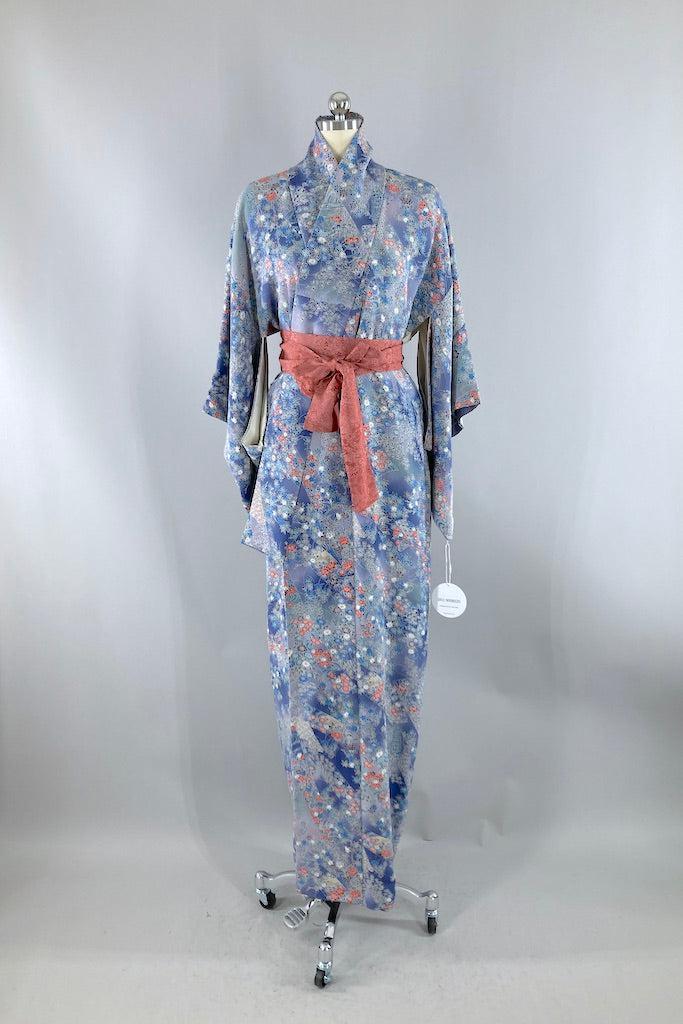 Vintage Lavender Purple Floral Silk Kimono-ThisBlueBird