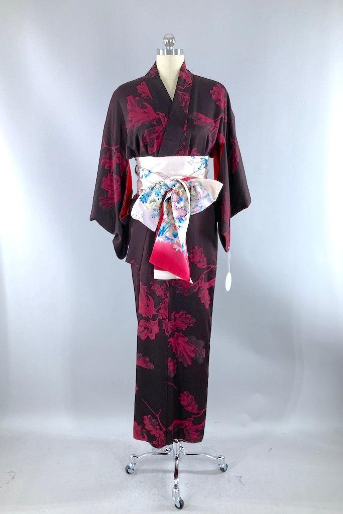 Vintage Magenta Oak Leaf Silk Kimono-ThisBlueBird