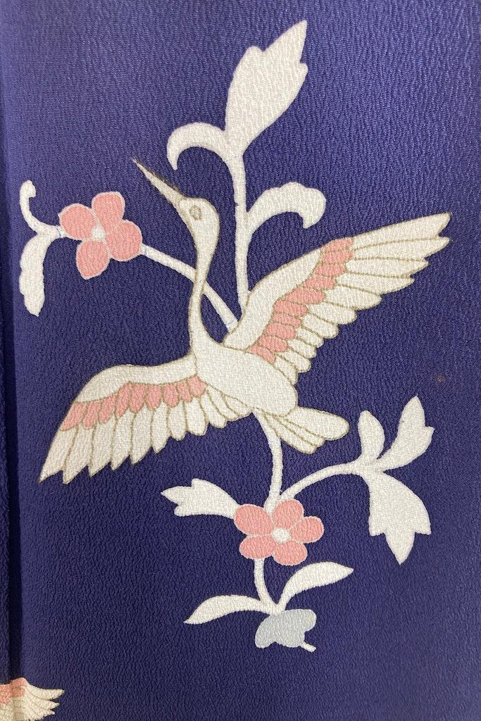 Vintage Navy Flying Cranes Silk Kimono-ThisBlueBird