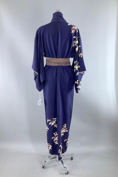 Vintage Navy Flying Cranes Silk Kimono-ThisBlueBird