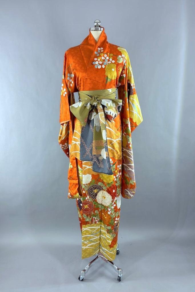 Vintage Orange & Gold Zinnia Silk Furisode Kimono Robe ThisBlueBird Vintage Orange & Gold Zinnia Silk Furisode Kimono Robe ThisBlueBird