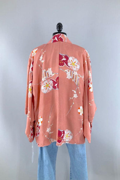 Vintage Peach Floral Silk Kimono Jacket-ThisBlueBird