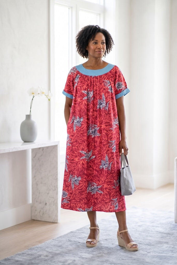 Vintage Pink & Blue Floral Hawaiian Caftan Dress