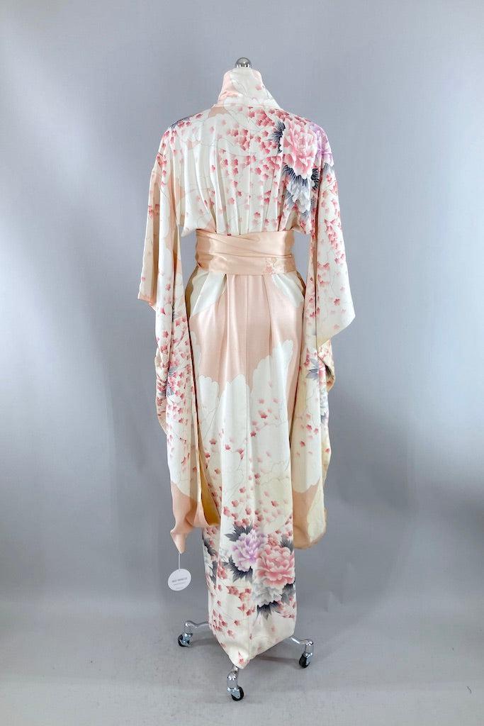 Vintage Pink Peony Silk Furisode Kimono-ThisBlueBird