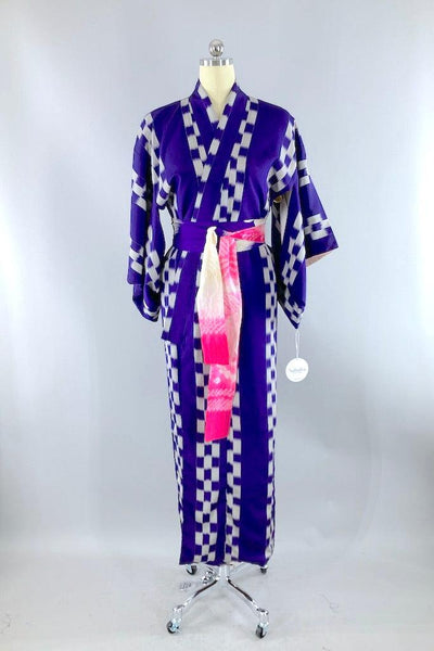 Vintage Purple Checkboard Silk Kimono-ThisBlueBird