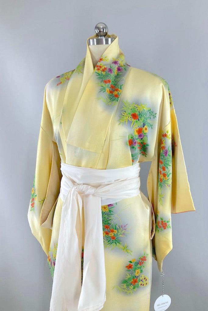 Vintage Yellow Spring Floral Silk Kimono-ThisBlueBird
