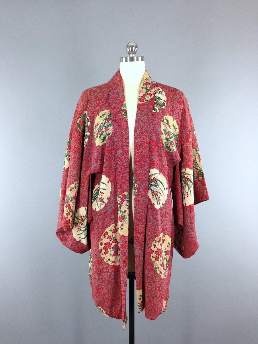1920s - 1930s Vintage Silk Haori - Kimono Cardigan Jacket / Red Floral Print - ThisBlueBird