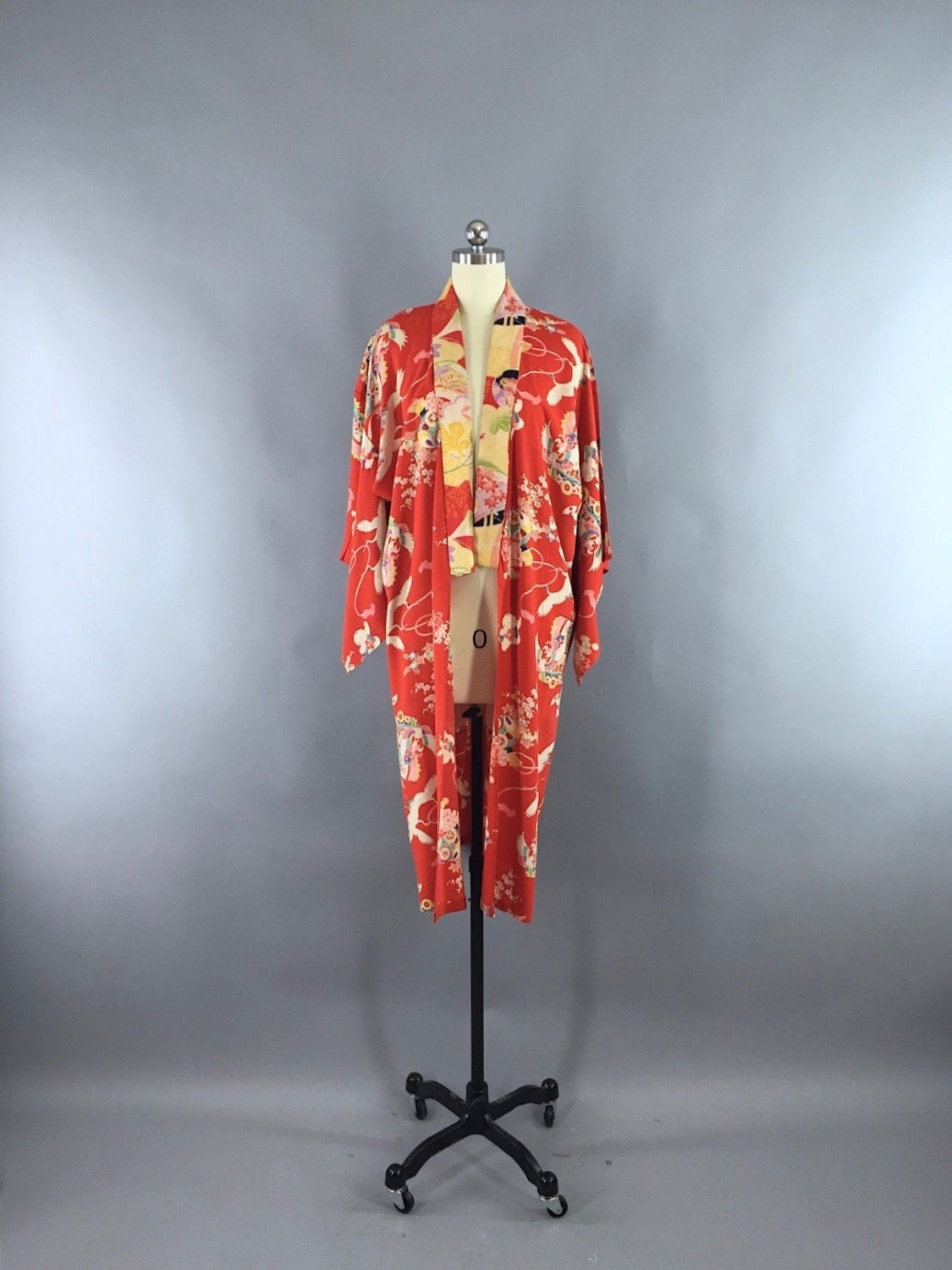 1920s Vintage Kimono Robe / Swan Crane Bird Print / Red Cotton - ThisBlueBird