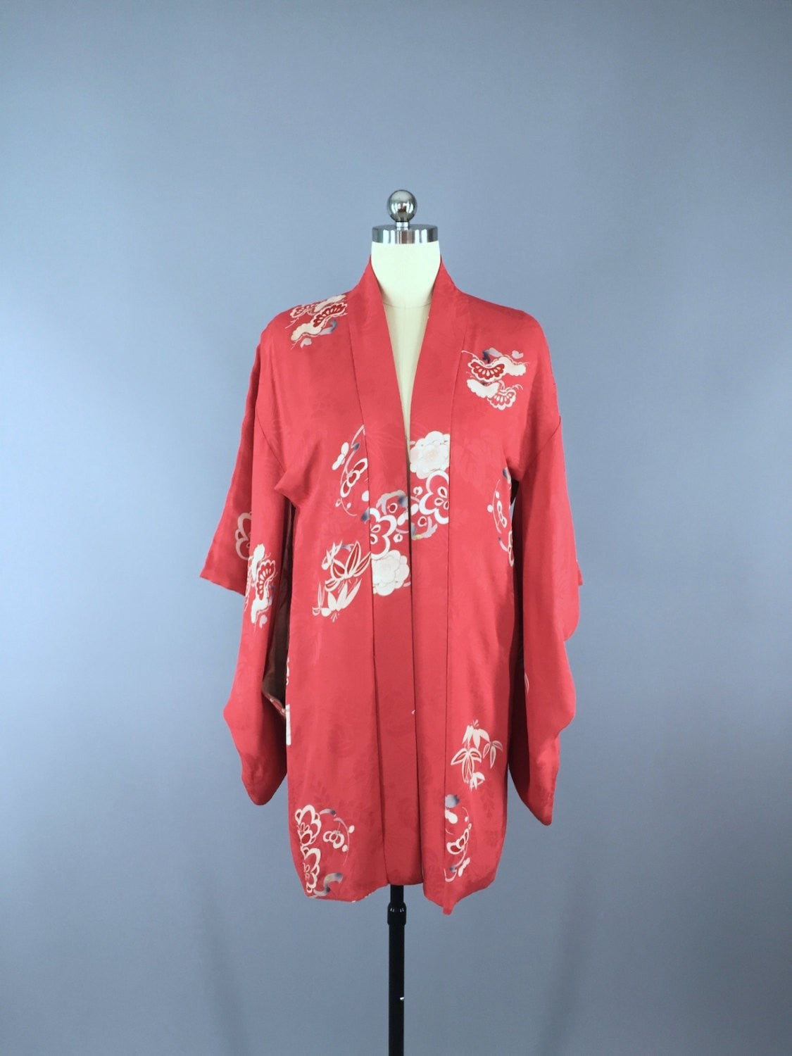 1920s Vintage Silk Haori Kimono Cardigan Jacket / Tomato Red Floral Print - ThisBlueBird