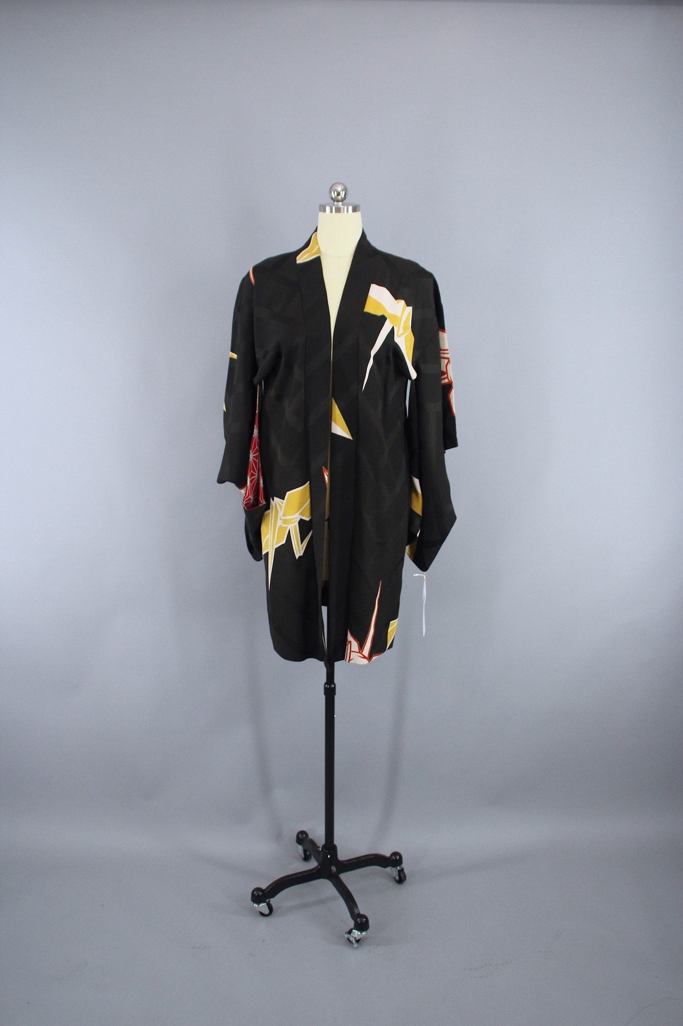 1920s Vintage Silk Haori Kimono Jacket Cardigan/  Black Origami Cranes Birds - ThisBlueBird