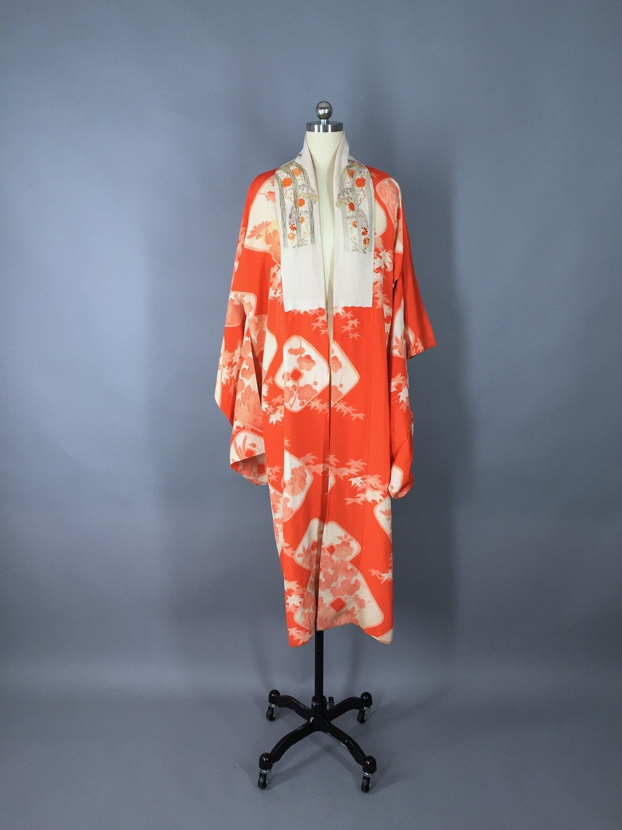 1920s Vintage Silk Kimono Robe / Orange Floral Maple Leaf Embroidery - ThisBlueBird
