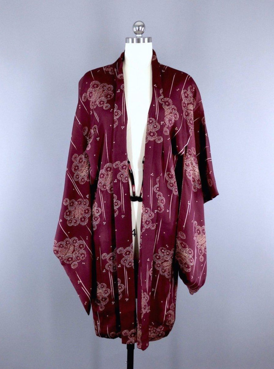 1920s Vintage Silk Satin Haori Kimono Cardigan Jacket / Marsala Art Deco Floral - ThisBlueBird