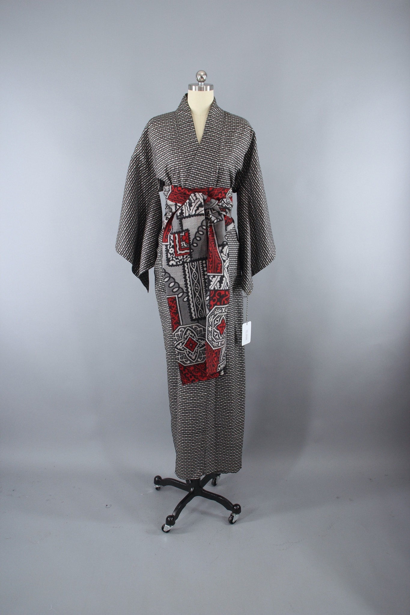 1930s Vintage Silk Kimono Robe / Meisen Ikat Black & White Checkerboard - ThisBlueBird