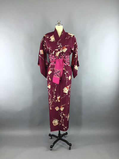 1940s Vintage Silk Kimono Robe in Maroon Red Floral Print - ThisBlueBird