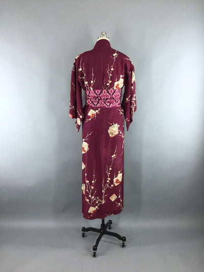 1940s Vintage Silk Kimono Robe in Maroon Red Floral Print - ThisBlueBird