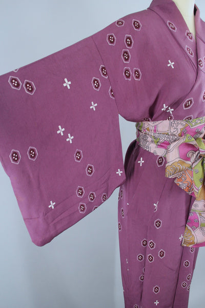 1940s Vintage Silk Kimono Robe / Purple & White - ThisBlueBird