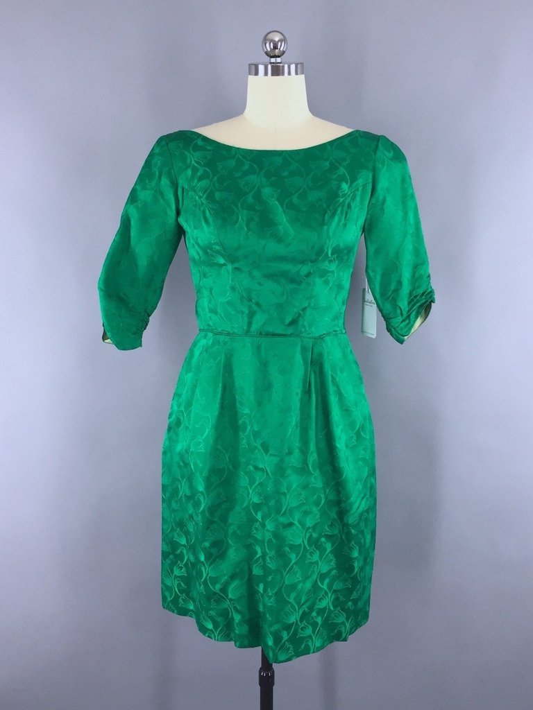 green emerald velvet dress 1950s Vintage Emerald Green Satin Damask Cocktail Dress – ThisBlueBird