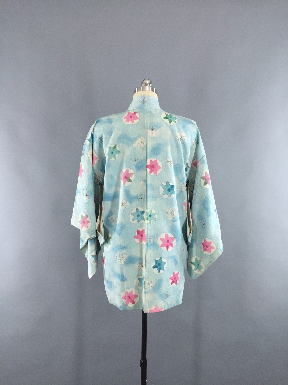 1950s Vintage Silk Haori Kimono Cardigan Jacket with Aqua Blue and Pink Stars - ThisBlueBird