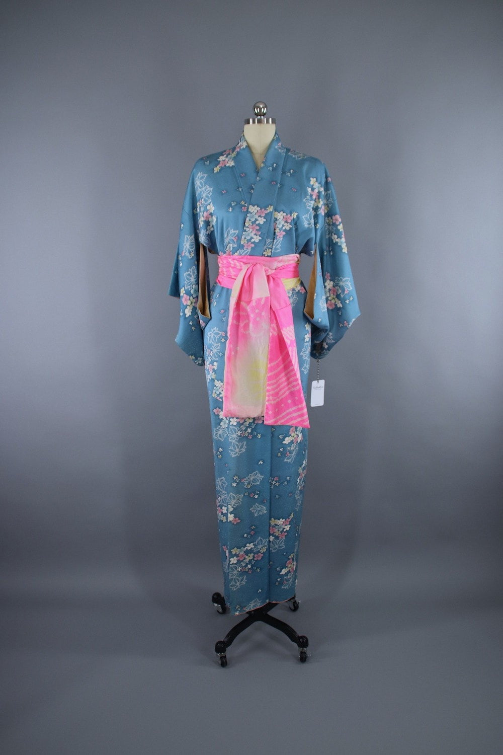 1950s Vintage Silk Kimono Robe / Blue & Pink Floral Print - ThisBlueBird
