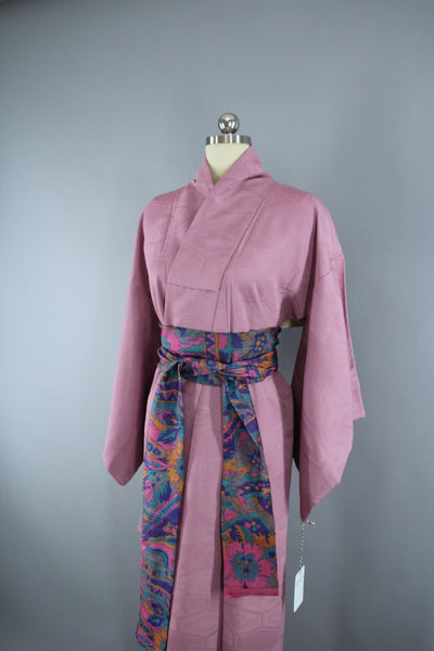 1950s Vintage Silk Kimono Robe / Lavender Purple Textured Floral - ThisBlueBird